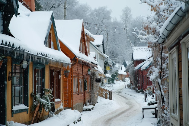 Czarujący krajobraz uliczny pokrytej śniegiem skandynawskiej wioski wygenerowany przez sztuczną inteligencję
