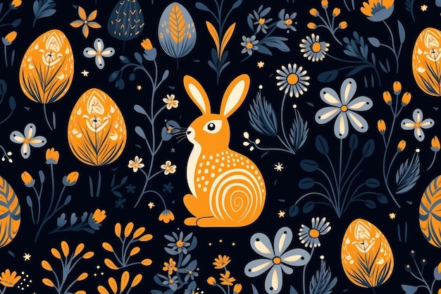 Czarujący króliczek wielkanocny i wzór jaj z wiosennymi kwiatami na ciemnej AI generatywnej
