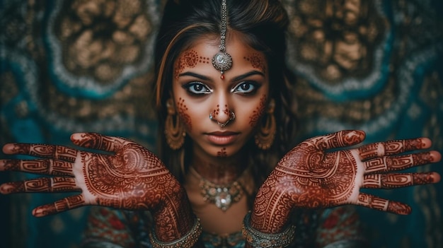 Czarujący obraz dziewczyny ozdobionej skomplikowanymi wzorami henny na dłoniach, ukazujący sztukę