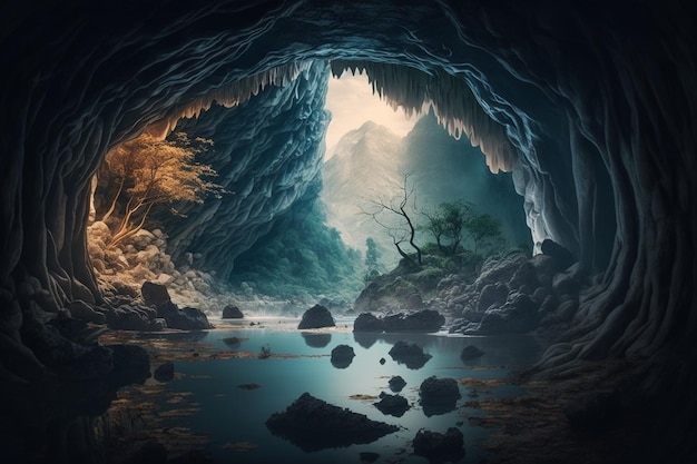 Czarujący widok z jaskini niebieskich świecących wodospadów i strumieni wśród skał