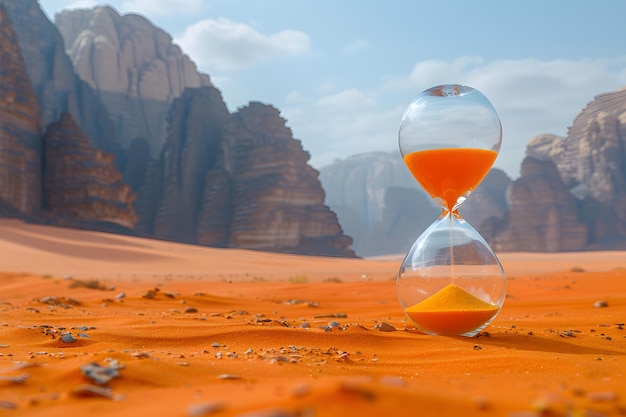 Zdjęcie czas mijający w pustynnym krajobrazie z piaskową zegarką koncepcja czasu i natury piękno do projektowania poster drukowany