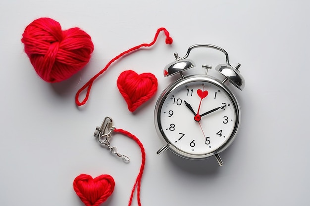 Zdjęcie czas miłości srebrny budzik z tkaną wełną czerwone serce na białym stole i szarym tle koncepcja walentynki