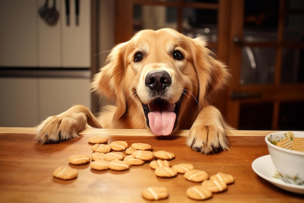 Zdjęcie czas na przysmaki dla uroczego golden retrievera. rozkoszuj się widokiem z góry