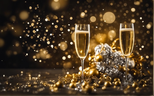 Czas wznieść toast za świąteczne kieliszki do szampana z zegarem i dekoracjami świątecznymi rozpoczynającymi Nowy Rok
