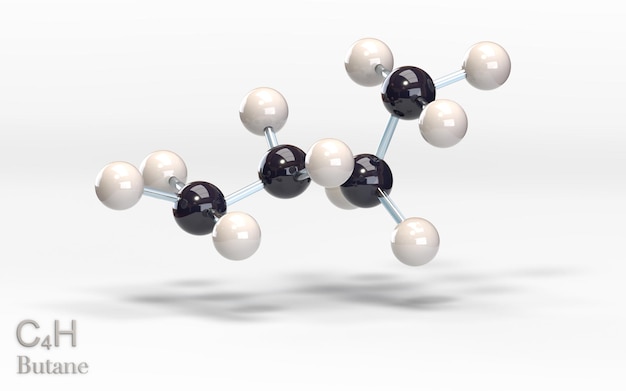 Cząsteczka butanu C4H10 z atomami wodoru, siarki i tlenu renderowania 3d