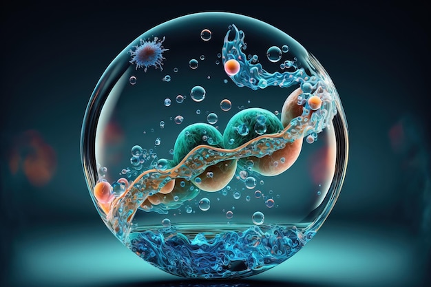 Cząsteczka wewnątrz płynnej bąbelkowej esencji kosmetycznej i tła plusku wody DNA