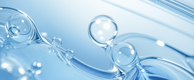 Cząsteczki kwasu hialuronowego Chemikalia hydratowane Struktura molekularna i niebieska cząsteczka kulista Mikroskop h2o cząsteczki wody Niebieski tło reklam kosmetycznych