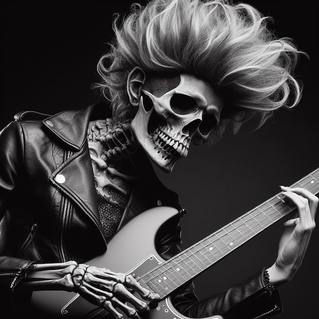 Zdjęcie czaszka, długie włosy, grająca na gitarze, czarna, biała