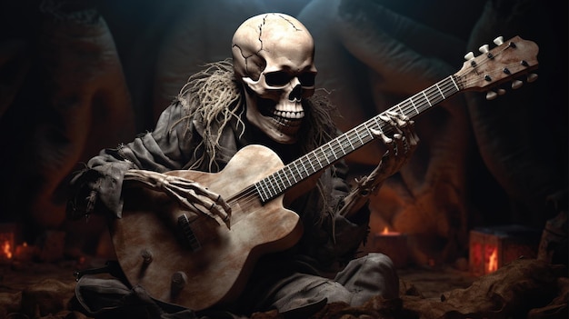 czaszka gra na gitarze na koncercie