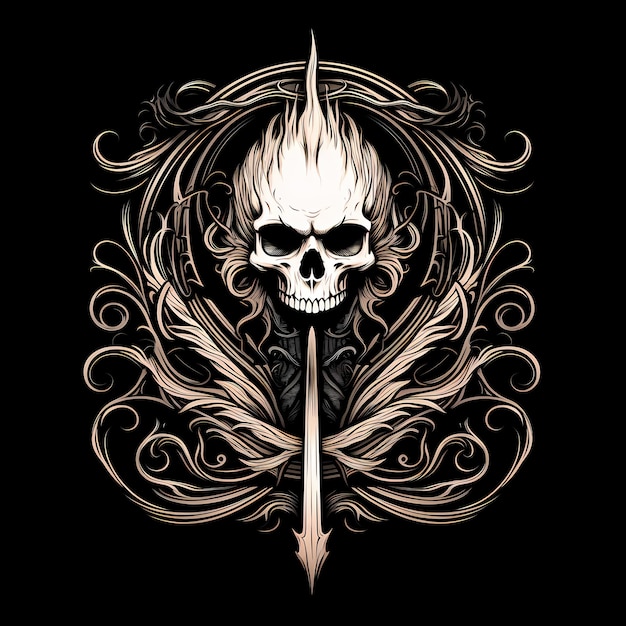 Zdjęcie czaszka i pióro tatuaż projekt ciemna ilustracja sztuki izolowana na czarnym tle