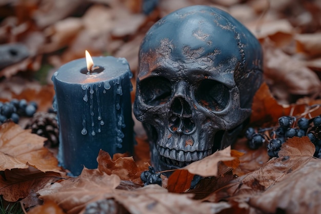 Czaszka i świeca w jesiennych liściach Koncepcja Halloween Selektywne skupienie