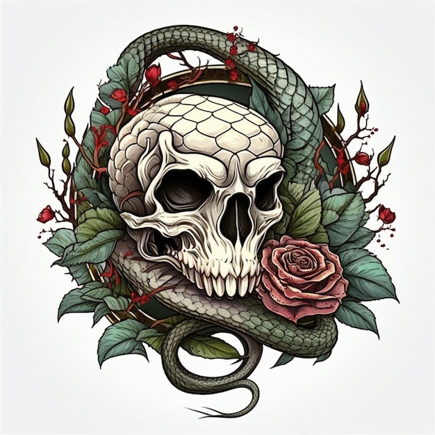 czaszka i wąż z różami tatuaż projekt generatywnej AI