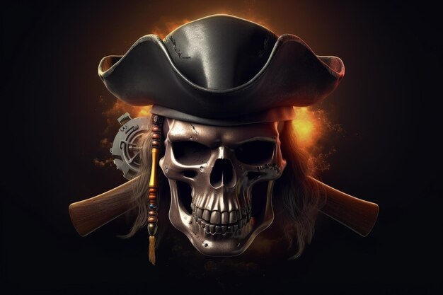 Zdjęcie czaszka kapitana piratów z kapeluszem na czarnym tle koncepcja fantasy generacyjna sztuczna inteligencja