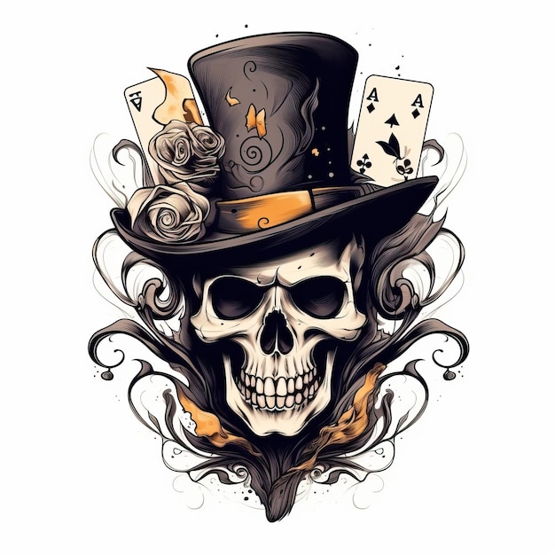 czaszka ma na sobie kapelusz i karty do gry w stylu logo monochromatycznych portretów bezpieczeństwa