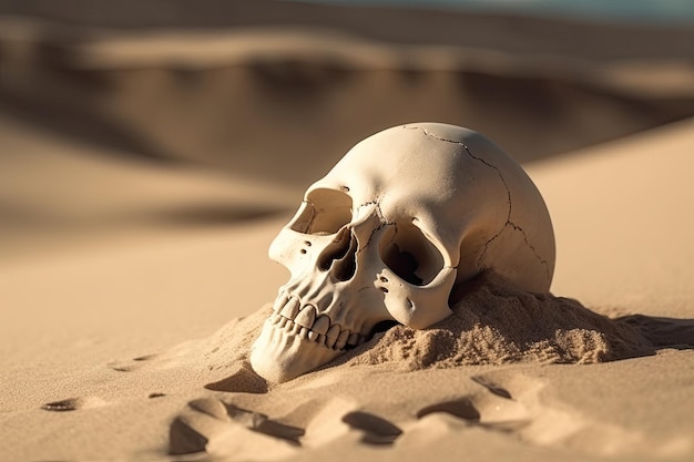 Czaszka osoby leżącej na pustynnym piasku Generacyjna sztuczna inteligencja