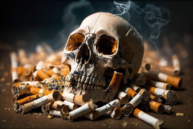 Czaszka otoczona papierosami i papierosami z napisem „palenie”.