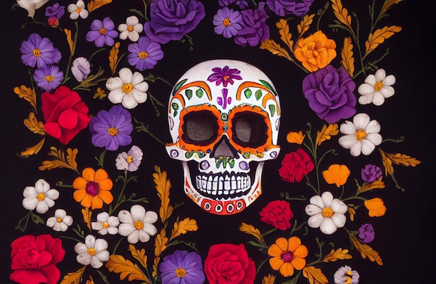Czaszka ozdobiona fioletowymi, pomarańczowymi, różowymi i białymi kwiatami, motyw dnia zmarłych w Meksyku