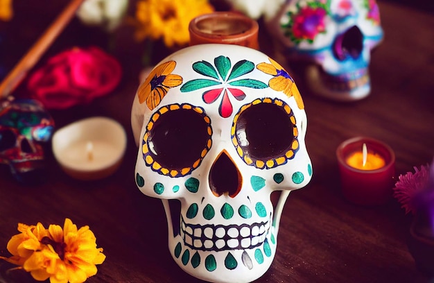 Czaszka ozdobiona kwiatami i świecami, motyw dnia zmarłych w Meksyku