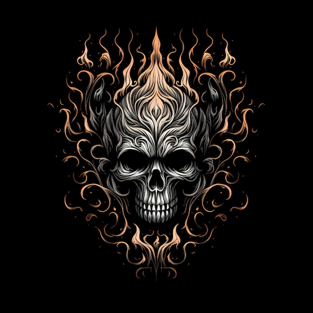 czaszka plemienny ogień płomień tatuaż projekt ciemna ilustracja sztuka izolowana na czarnym tle
