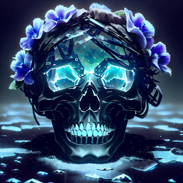 Zdjęcie czaszka z koroną i kwiatami na niej jest pokazana