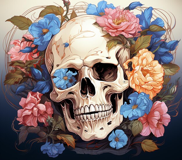 czaszka z kwiatami i liśćmi na niebieskim tle generatywny ai