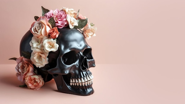 Zdjęcie czaszka z kwiatami kreatywna koncepcja kwiatów halloween kwiaty w ludzkiej czaszce na pastelowym tle martwa głowa cukrowa czaszka santa muerte meksykański dzień zmarłych moda minimalna sztuka ai wygenerowany obraz