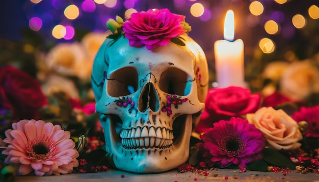Zdjęcie czaszka z kwiatami na niej i świecą w tle