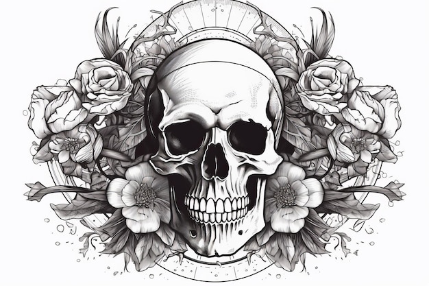 Zdjęcie czaszka z kwiatami ręcznie narysowana ilustracja w stylu wektorowym sztuka tatuażu generatywna sztuczna inteligencja