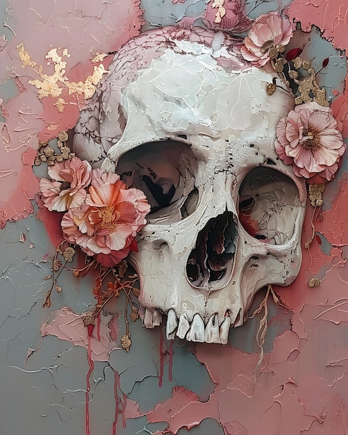 Zdjęcie czaszka z kwiatową sztuką szczękową wisi na ścianie kreatywny wizualny projekt rośliny szyi kości