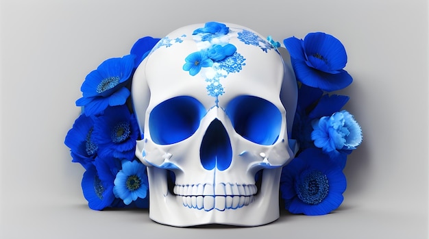 Czaszka z niebieskimi kwiatami i czaszka z błękitnymi kwiatami
