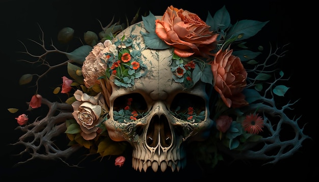 Czaszka z różami Ludzka czaszka w pięknych kwiatach Obrazy Halloween Day of the Dead Generative ai