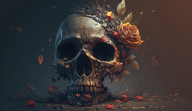 Czaszka z różami Ludzka czaszka w pięknych kwiatach Obrazy Halloween Day of the Dead Generative ai