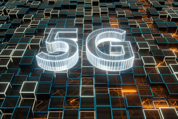 Zdjęcie czcionka 5g z renderowaniem 3d kwadratowego tła scifi