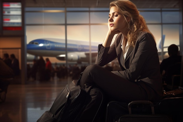 Zdjęcie czekanie na lotnisku podróżnik służbowy czeka na swój samolot generacyjna sztuczna inteligencja