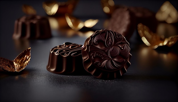 Czekolada i kawałki czekolady na czarnym tleGenerative ai