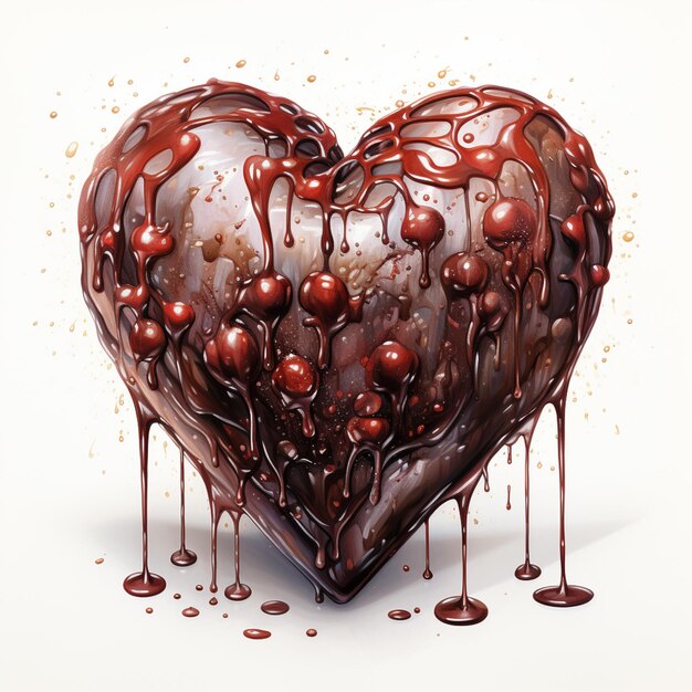 czekolada serce z kapiącą czekoladą i czerwonymi jagodami na białym tle generatywny ai
