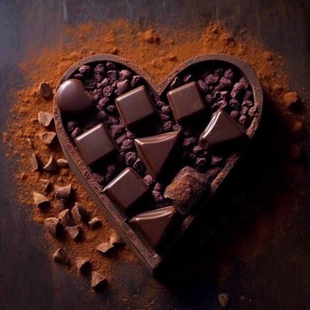 Czekolada w kształcie serca z kawałkami czekolady i proszku kakaowego na ciemnym tle