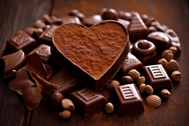 Czekolada w kształcie serca z orzechami i czekoladkami na stole