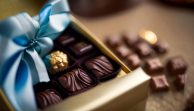 Czekoladki i praliny czekoladowe w pudełku prezentowym jako luksusowy prezent świąteczny generatywny ai