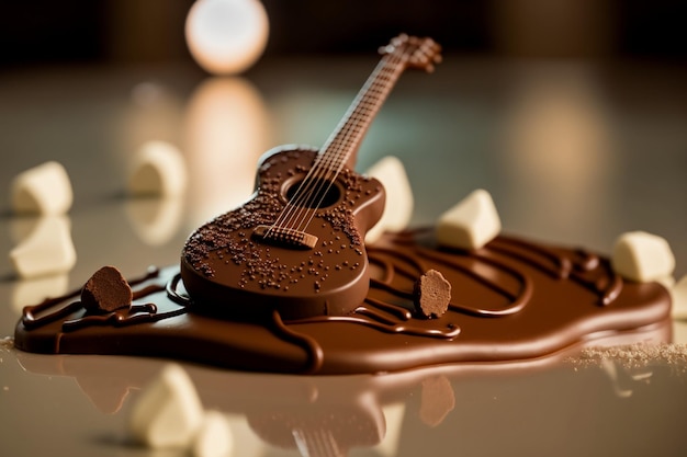 Czekoladowa gitara w kształcie gitary leży na czekoladowej powierzchni. |  Zdjęcie Premium