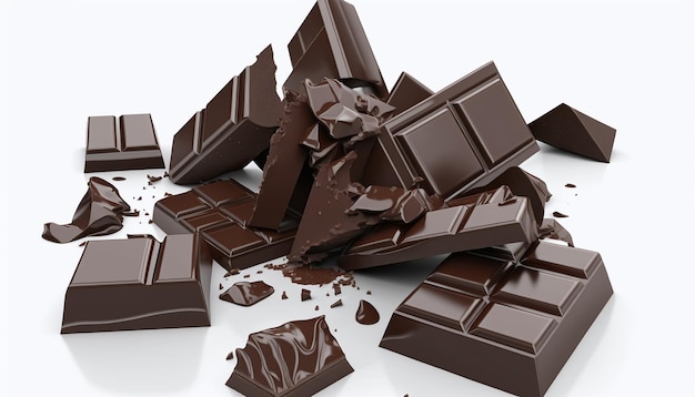 Czekoladowe batoniki łamane w kawałkach, ciemna czekolada izolowana na białym tle