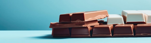 Zdjęcie czekoladowe batony na gradientowym białym niebieskim tle generatywne ai