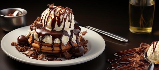 Czekoladowe Brownie Sundae Dekadencki deser z ciepłym czekoladowym brownie lodami waniliowymi, bitą śmietaną i sosem czekoladowym Wygenerowano za pomocą AI