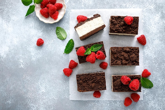 Czekoladowe Ciasto W Kostkach Sernik Brownie W Plasterkach Ze świeżą Maliną