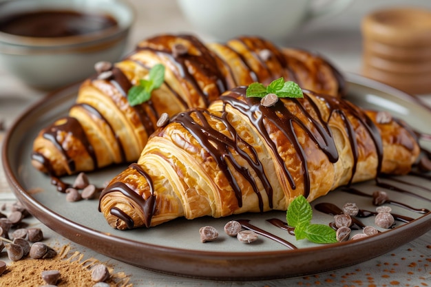 Czekoladowe croissanty z miętową ozdobą na talerzu
