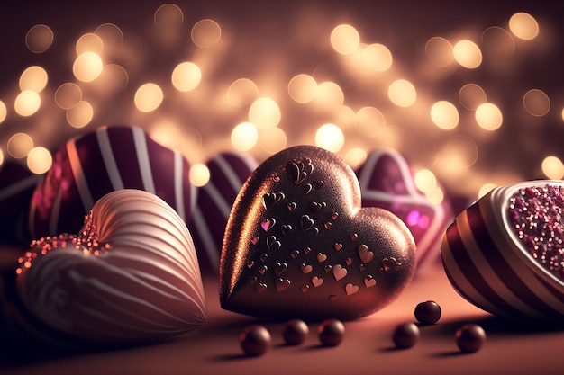 Zdjęcie czekoladowe cukierki w kształcie serca na tle świątecznych świateł walentynki generative ai