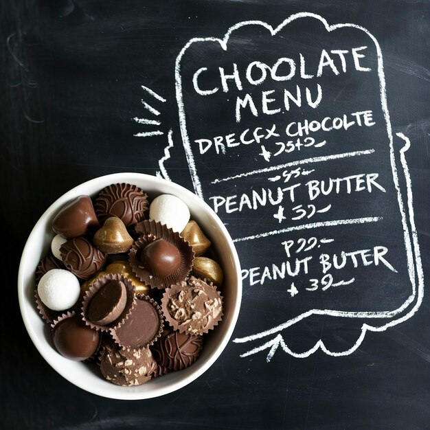 Zdjęcie czekoladowe cukierki w misce na czarnej tablicy