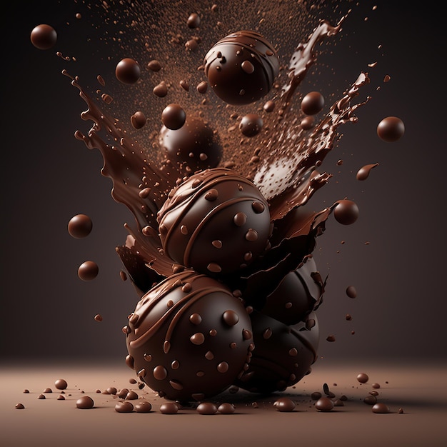 czekoladowe kakaowe kulki truflowe z roztopioną czekoladą. Generatywna sztuka Ai. Ilustracja makro 3d