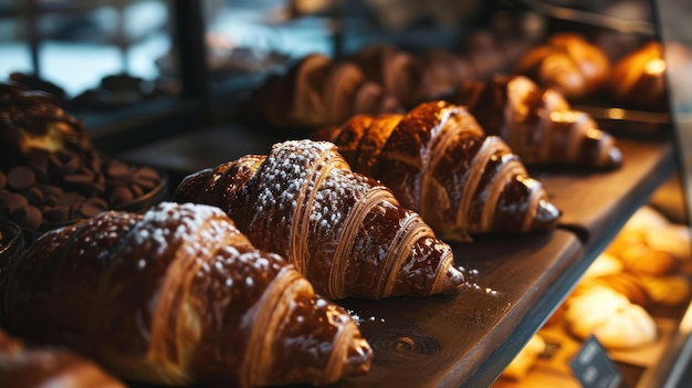 Zdjęcie czekoladowy croissant na wyświetlaczu cukierni