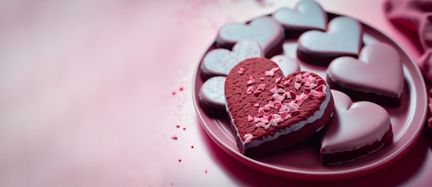 Zdjęcie czekoladowy deser serca na talerzu ciasta żywności valentine tła